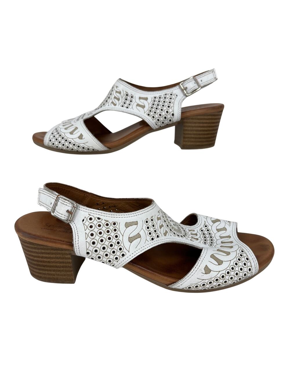 Spring Step Sandal Size EU 41 White Leather Heel Slingback Laser Cut Chain Print